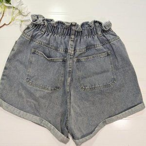 Plaid & Plain Super High Rise Gathered Waist Denim Shorts